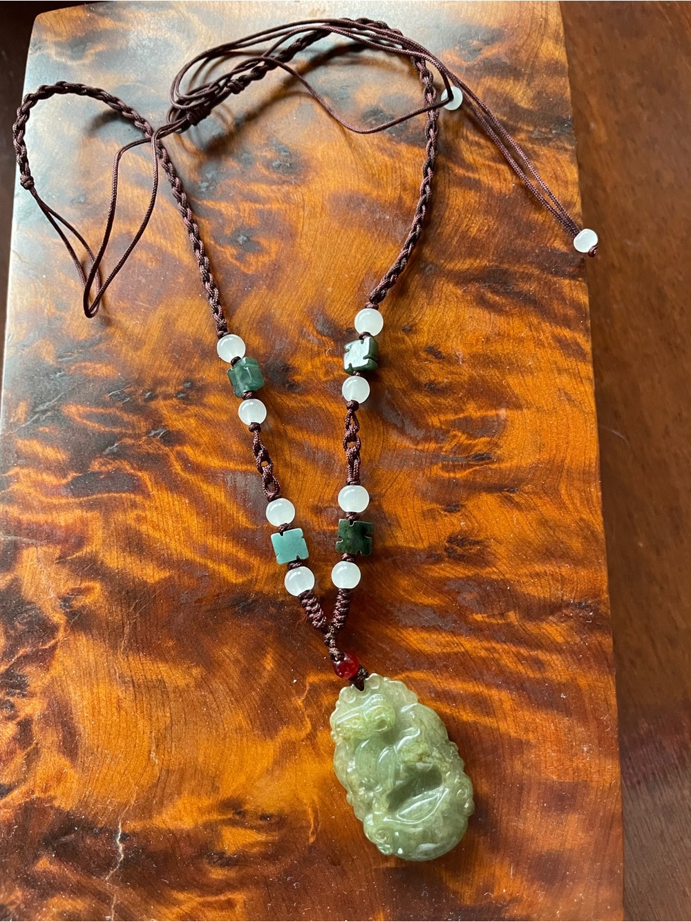 Zodiac Chinese Ram Goat Green Jade Carved Pendant Necklace w adjustable Cord